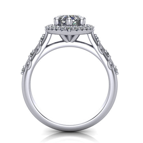Eleanor heart vintage halo engagement ring in Platinum, through-finger front profile showing the halo head and filigree gallery above the pav&eacute; band