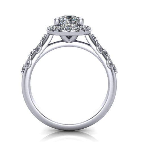 Eleanor pear vintage halo engagement ring in 18K White Gold, through-finger front profile showing the halo head and filigree gallery above the pav&eacute; band