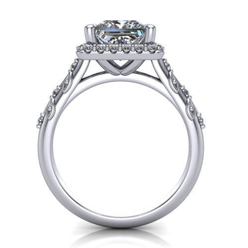 Eleanor princess vintage halo engagement ring in Platinum, through-finger front profile showing the halo head and filigree gallery above the pav&eacute; band