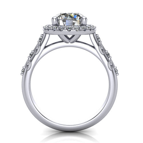 Eleanor round vintage halo engagement ring in 14K White Gold, through-finger front profile showing the halo head and filigree gallery above the pav&eacute; band