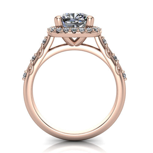Eleanor cushion vintage halo engagement ring in 14K Rose Gold, through-finger front profile showing the halo head and filigree gallery above the pav&eacute; band