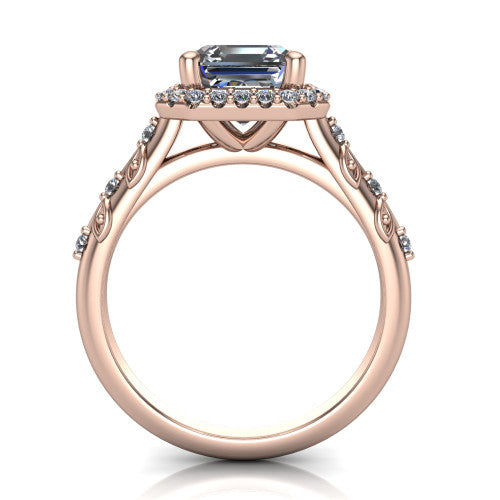 Eleanor square emerald vintage halo engagement ring in 18K Rose Gold, through-finger front profile showing the halo head and filigree gallery above the pav&eacute; band
