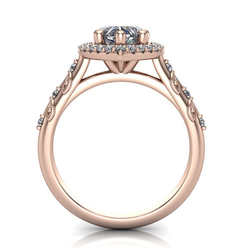 Eleanor heart vintage halo engagement ring in 14K Rose Gold, through-finger front profile showing the halo head and filigree gallery above the pav&eacute; band