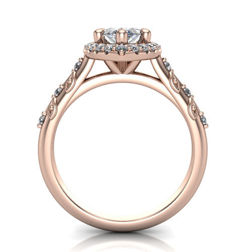 Eleanor marquise vintage halo engagement ring in 14K Rose Gold, through-finger front profile showing the halo head and filigree gallery above the pav&eacute; band