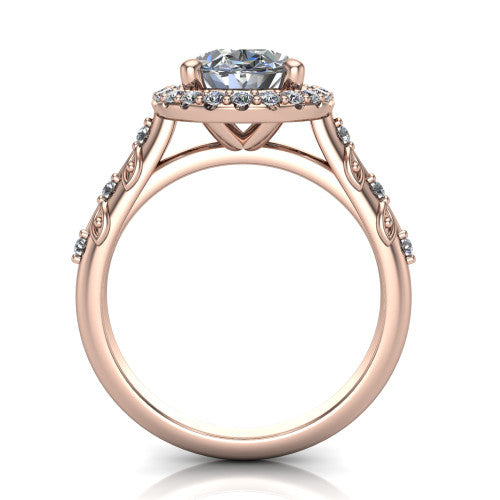 Eleanor oval vintage halo engagement ring in 18K Rose Gold, through-finger front profile showing the halo head and filigree gallery above the pav&eacute; band