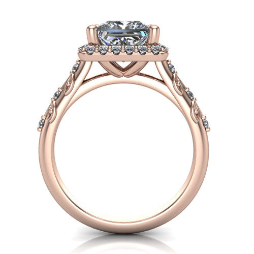 Eleanor princess vintage halo engagement ring in 14K Rose Gold, through-finger front profile showing the halo head and filigree gallery above the pav&eacute; band