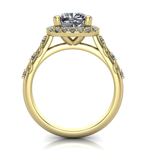 Eleanor cushion vintage halo engagement ring in 18K Yellow Gold, through-finger front profile showing the halo head and filigree gallery above the pav&eacute; band