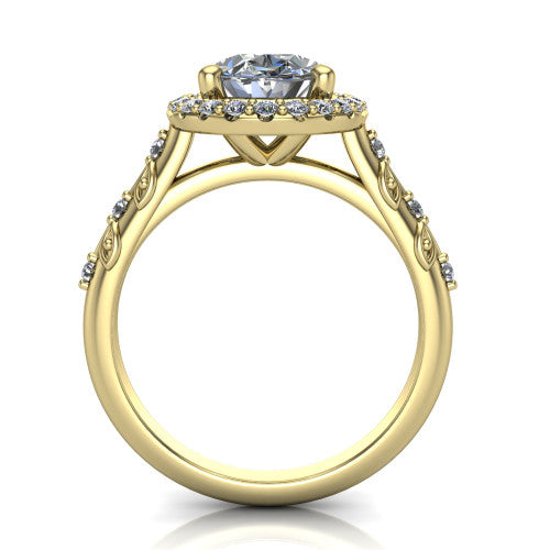 Eleanor oval vintage halo engagement ring in 18K Yellow Gold, through-finger front profile showing the halo head and filigree gallery above the pav&eacute; band