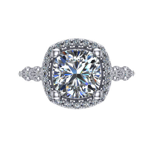 Eleanor cushion vintage halo engagement ring in 18K White Gold, top-down view showing the squared pav&eacute; halo framing the cushion center