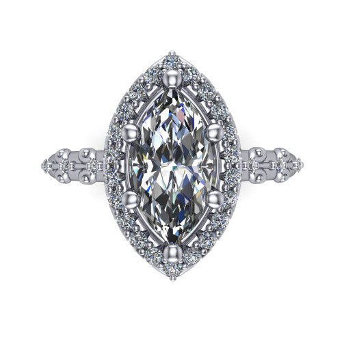 Eleanor marquise vintage halo engagement ring in 14K White Gold, top-down view showing the squared pav&eacute; halo framing the marquise center
