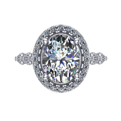 Eleanor oval vintage halo engagement ring in Platinum, top-down view showing the squared pav&eacute; halo framing the oval center