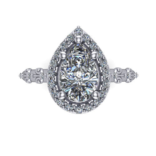 Eleanor pear vintage halo engagement ring in 18K White Gold, top-down view showing the squared pav&eacute; halo framing the pear center