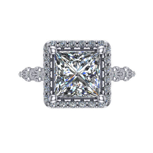 Eleanor princess vintage halo engagement ring in Platinum, top-down view showing the squared pav&eacute; halo framing the princess center