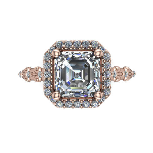 Eleanor emerald vintage halo engagement ring in 14K Rose Gold, top-down view showing the squared pav&eacute; halo framing the emerald center