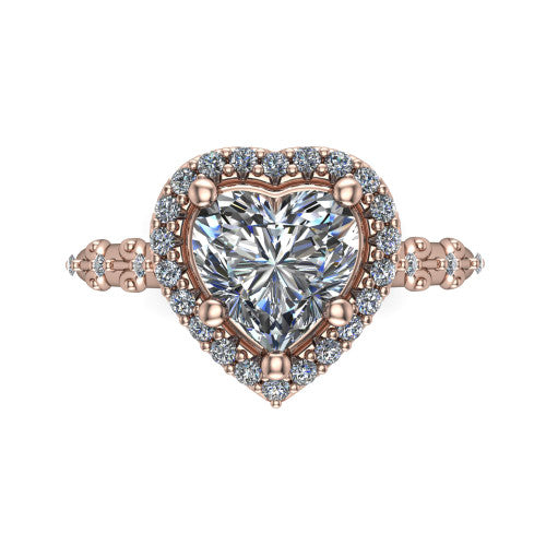 Eleanor heart vintage halo engagement ring in 14K Rose Gold, top-down view showing the squared pav&eacute; halo framing the heart center