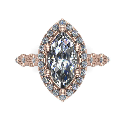 Eleanor marquise vintage halo engagement ring in 14K Rose Gold, top-down view showing the squared pav&eacute; halo framing the marquise center