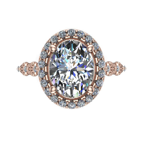Eleanor oval vintage halo engagement ring in 14K Rose Gold, top-down view showing the squared pav&eacute; halo framing the oval center