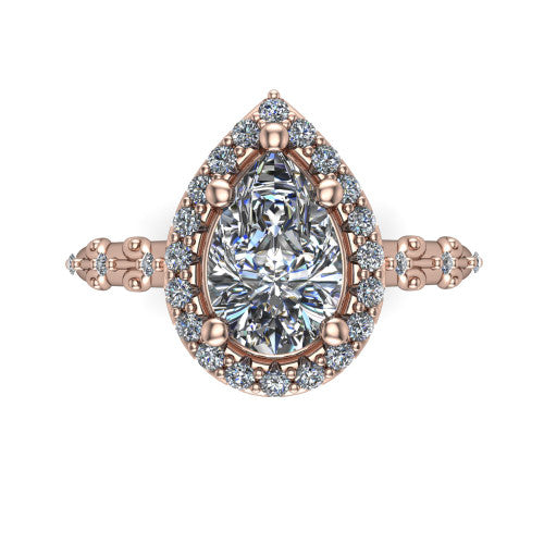 Eleanor pear vintage halo engagement ring in 14K Rose Gold, top-down view showing the squared pav&eacute; halo framing the pear center