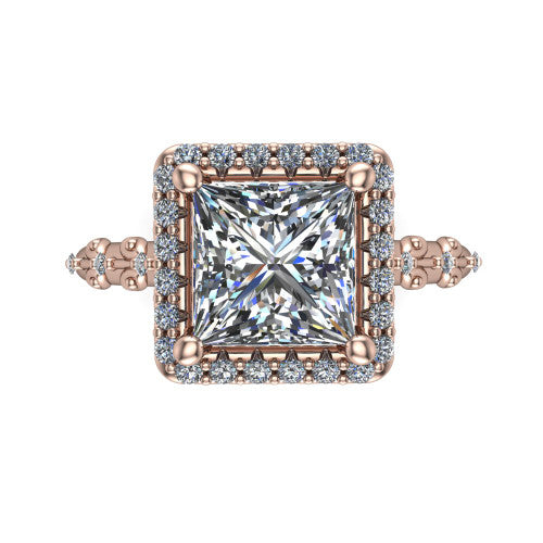 Eleanor princess vintage halo engagement ring in 18K Rose Gold, top-down view showing the squared pav&eacute; halo framing the princess center