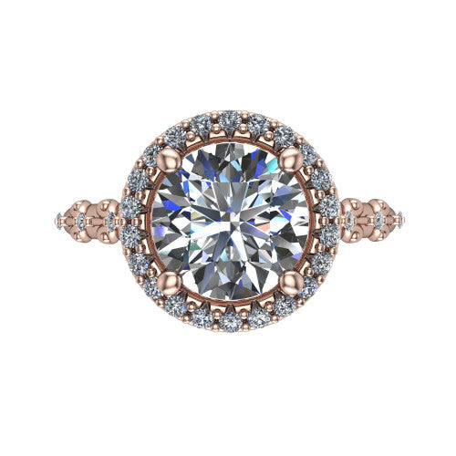 Eleanor round vintage halo engagement ring in 14K Rose Gold, top-down view showing the squared pav&eacute; halo framing the round center