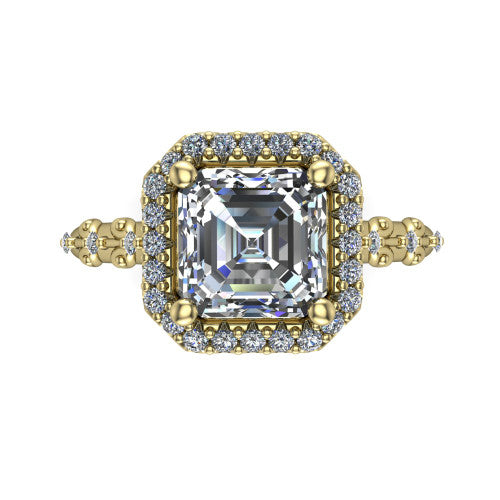 Eleanor square emerald vintage halo engagement ring in 14K Yellow Gold, top-down view showing the squared pav&eacute; halo framing the square emerald center
