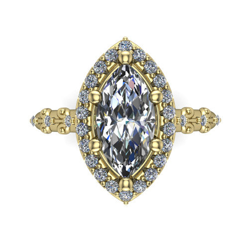 Eleanor marquise vintage halo engagement ring in 14K Yellow Gold, top-down view showing the squared pav&eacute; halo framing the marquise center