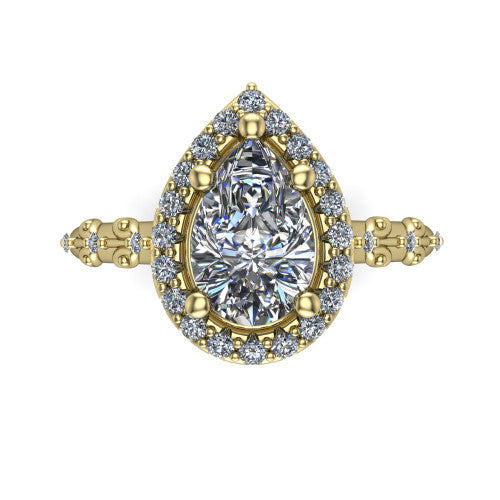 Eleanor pear vintage halo engagement ring in 14K Yellow Gold, top-down view showing the squared pav&eacute; halo framing the pear center