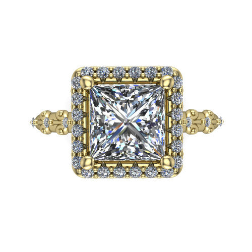 Eleanor princess vintage halo engagement ring in 14K Yellow Gold, top-down view showing the squared pav&eacute; halo framing the princess center