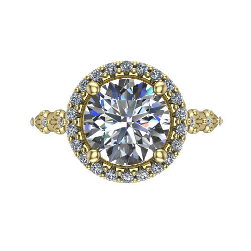 Eleanor round vintage halo engagement ring in 18K Yellow Gold, top-down view showing the squared pav&eacute; halo framing the round center