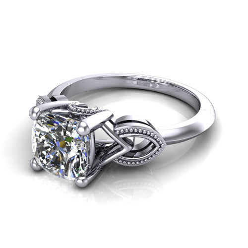 Ella cushion vintage solitaire engagement ring in 18K White Gold, three-quarter perspective showing the cushion center on claw prongs above a plain band with vintage filigree shoulders