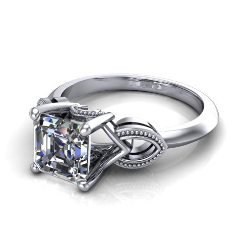 Ella square emerald vintage solitaire engagement ring in Platinum, three-quarter perspective showing the square emerald center on claw prongs above a plain band with vintage filigree shoulders