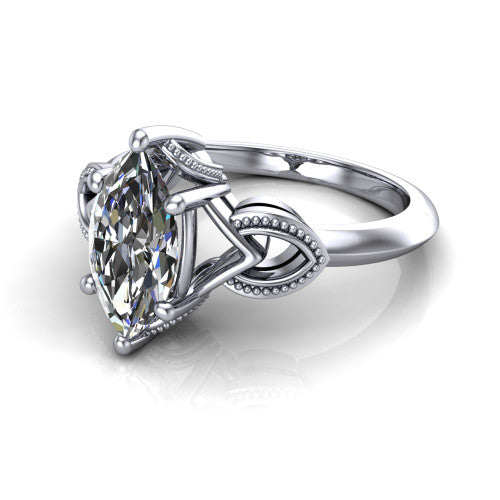 Ella marquise vintage solitaire engagement ring in Platinum, three-quarter perspective showing the marquise center on claw prongs above a plain band with vintage filigree shoulders