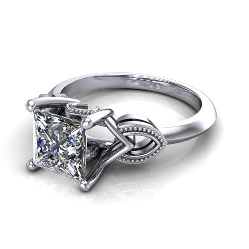 Ella princess vintage solitaire engagement ring in 14K White Gold, three-quarter perspective showing the princess center on claw prongs above a plain band with vintage filigree shoulders