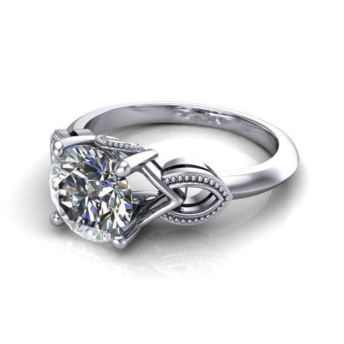 Ella round vintage solitaire engagement ring in 14K White Gold, three-quarter perspective showing the round center on claw prongs above a plain band with vintage filigree shoulders