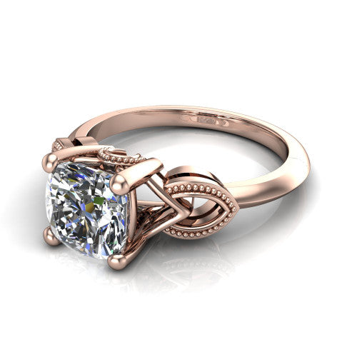 Ella cushion vintage solitaire engagement ring in 14K Rose Gold, three-quarter perspective showing the cushion center on claw prongs above a plain band with vintage filigree shoulders