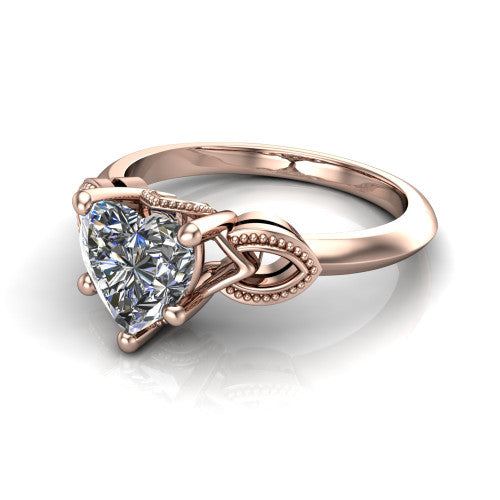 Ella heart vintage solitaire engagement ring in 14K Rose Gold, three-quarter perspective showing the heart center on claw prongs above a plain band with vintage filigree shoulders