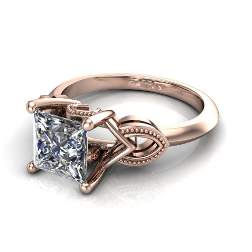 Ella princess vintage solitaire engagement ring in 18K Rose Gold, three-quarter perspective showing the princess center on claw prongs above a plain band with vintage filigree shoulders