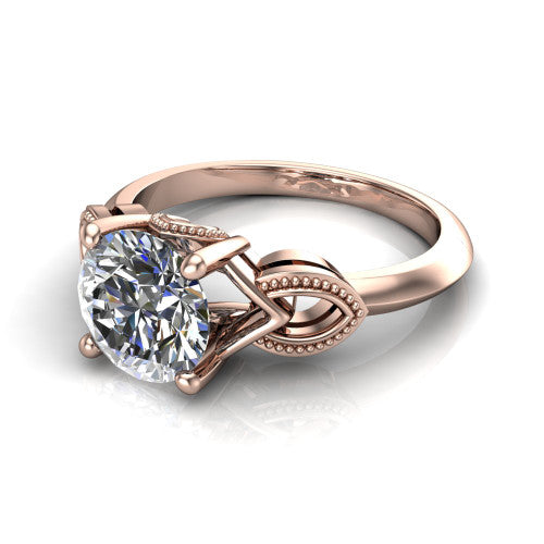 Ella round vintage solitaire engagement ring in 14K Rose Gold, three-quarter perspective showing the round center on claw prongs above a plain band with vintage filigree shoulders
