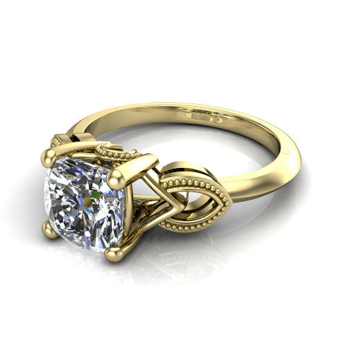 Ella cushion vintage solitaire engagement ring in 14K Yellow Gold, three-quarter perspective showing the cushion center on claw prongs above a plain band with vintage filigree shoulders