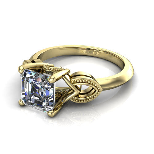 Ella square emerald vintage solitaire engagement ring in 14K Yellow Gold, three-quarter perspective showing the square emerald center on claw prongs above a plain band with vintage filigree shoulders