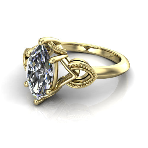 Ella marquise vintage solitaire engagement ring in 18K Yellow Gold, three-quarter perspective showing the marquise center on claw prongs above a plain band with vintage filigree shoulders