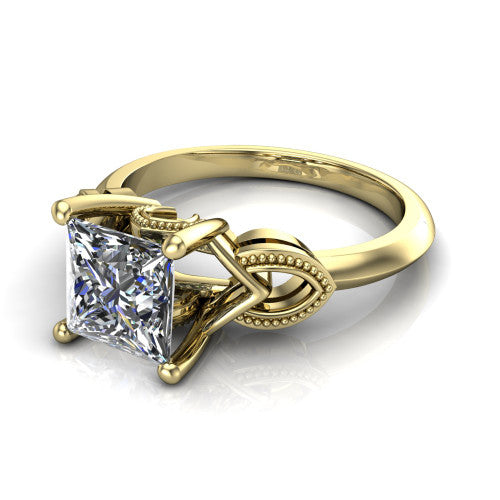 Ella princess vintage solitaire engagement ring in 14K Yellow Gold, three-quarter perspective showing the princess center on claw prongs above a plain band with vintage filigree shoulders