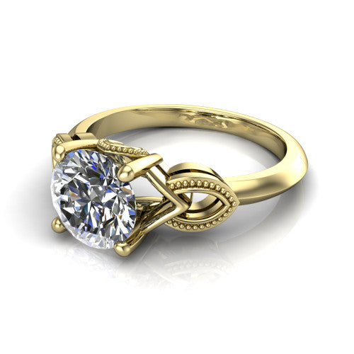 Ella round vintage solitaire engagement ring in 14K Yellow Gold, three-quarter perspective showing the round center on claw prongs above a plain band with vintage filigree shoulders