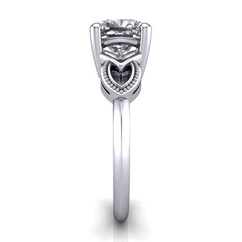 Ella cushion vintage solitaire engagement ring in Platinum, side profile showing the vintage filigree scrollwork, milgrain detail, and plain band in profile