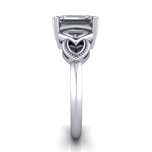 Ella emerald vintage solitaire engagement ring in 18K White Gold, side profile showing the vintage filigree scrollwork, milgrain detail, and plain band in profile