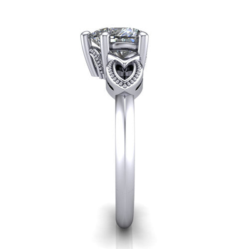 Ella heart vintage solitaire engagement ring in Platinum, side profile showing the vintage filigree scrollwork, milgrain detail, and plain band in profile
