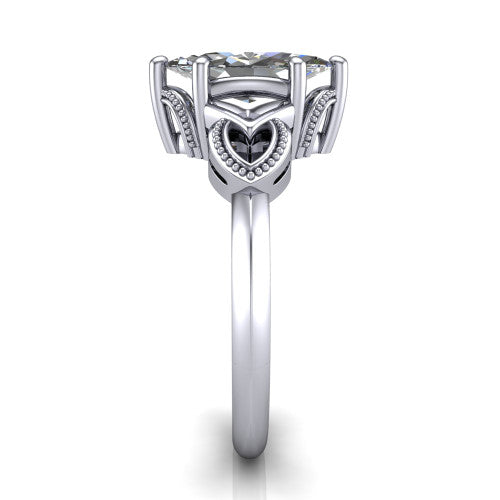 Ella marquise vintage solitaire engagement ring in 18K White Gold, side profile showing the vintage filigree scrollwork, milgrain detail, and plain band in profile