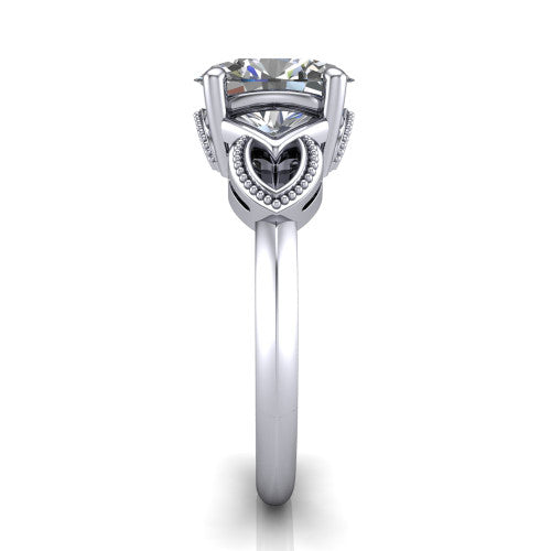 Ella oval vintage solitaire engagement ring in 14K White Gold, side profile showing the vintage filigree scrollwork, milgrain detail, and plain band in profile