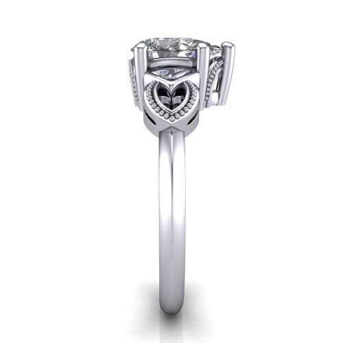 Ella pear vintage solitaire engagement ring in Platinum, side profile showing the vintage filigree scrollwork, milgrain detail, and plain band in profile