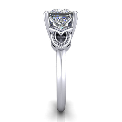 Ella princess vintage solitaire engagement ring in 14K White Gold, side profile showing the vintage filigree scrollwork, milgrain detail, and plain band in profile